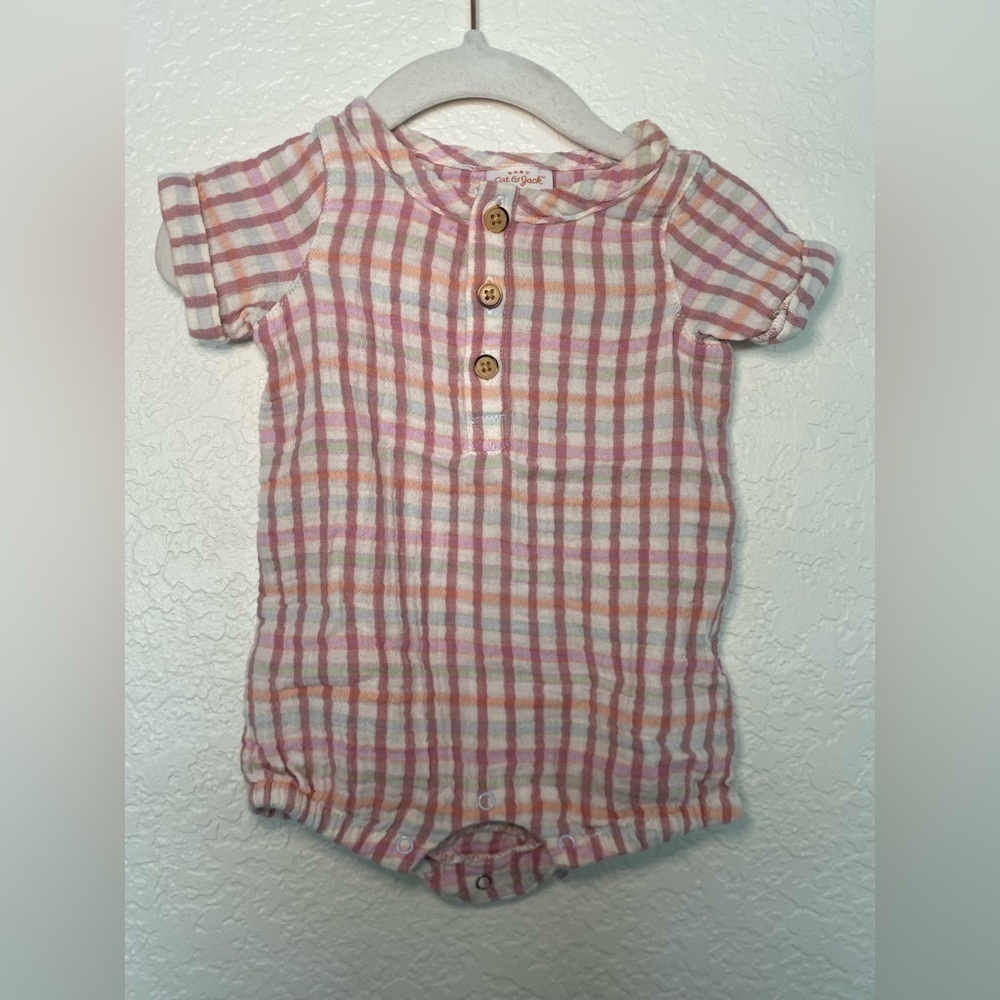 Cat & Jack Red, Orange, Blue, Green Plaid Romper with Buttons • 0-3 Month
